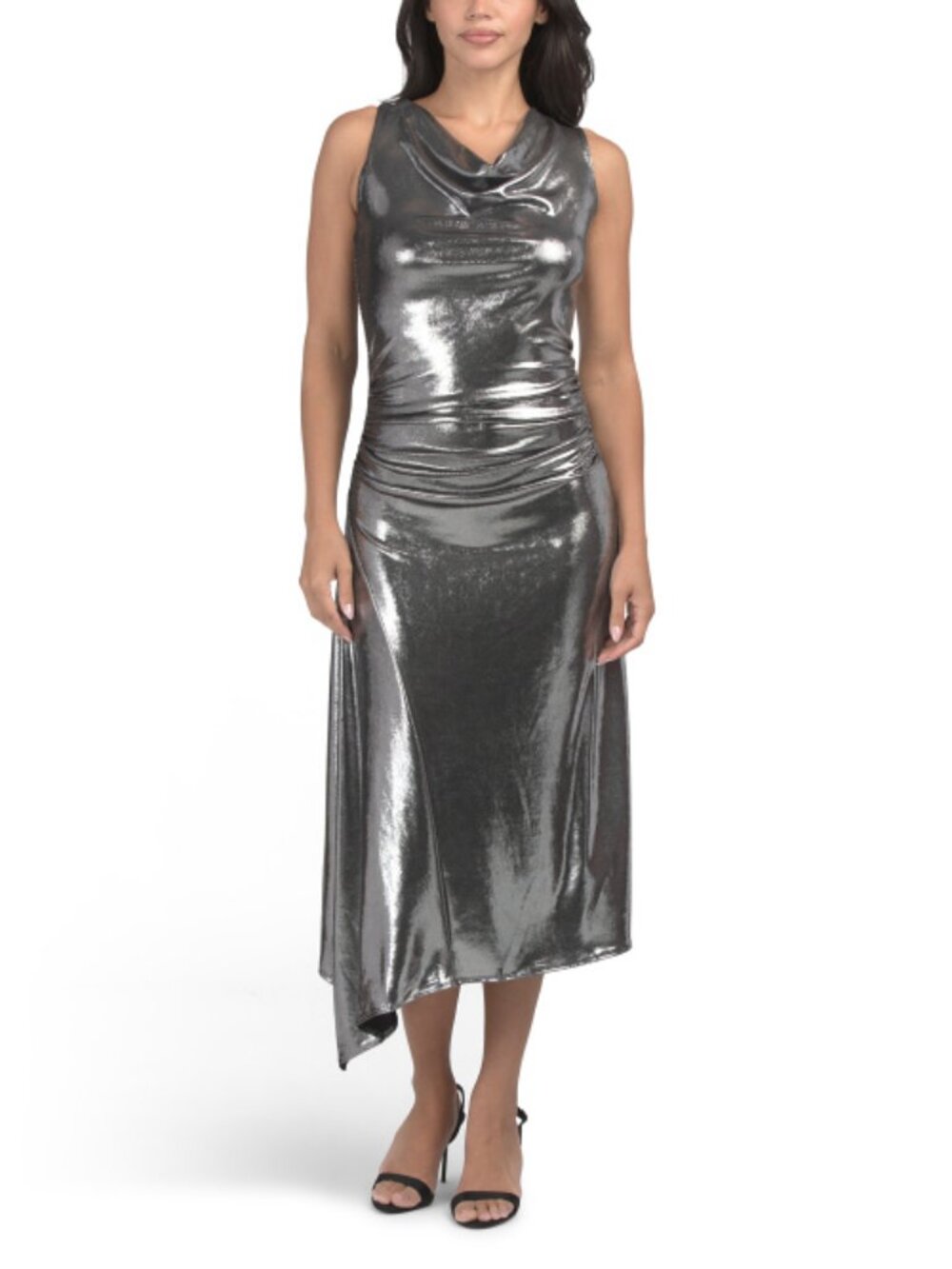 TASH & SOPHIE Made In Usa Slinky Foil Midi Dress With Cowl Neck